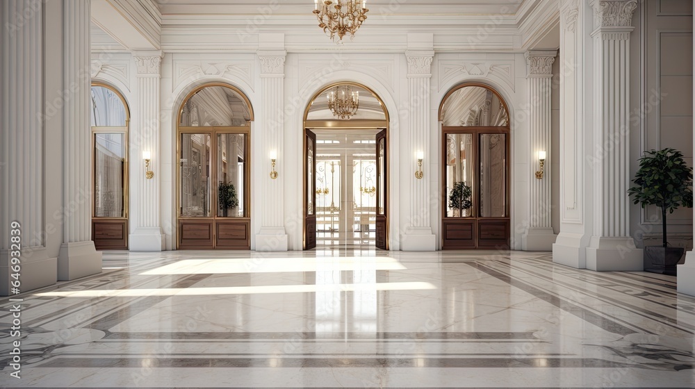 High resolution image of entrance to apartment with white interior and marble flooring. - obrazy, fototapety, plakaty 