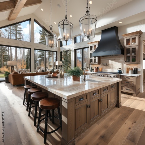 Traditional kitchen with iron chandeliers and large kitchen island with stool seating