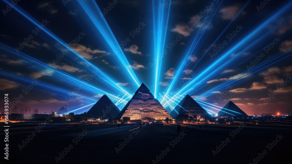 Pyramids of Giza during a stunning light and sound show, with vibrant colors and patterns illuminating the ancient structures against the night sky.