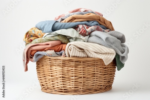 Clothes in the basket on a white background, a basket full of clothes, Used clothes on a basket, clothes in the basket