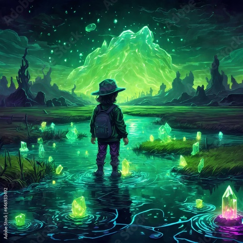 little boy stand over the green pond that full of crystals with attractive light and details 