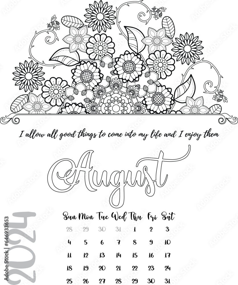 Mandala Affirmation Calendar Coloring Page for August Year 2024 Stock