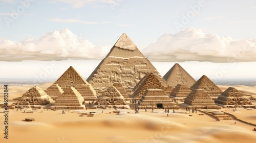minimalist image of the Giza Pyramid complex with crisp, clean lines, symbolizing the timeless allure of these ancient structures against a pristine white background.