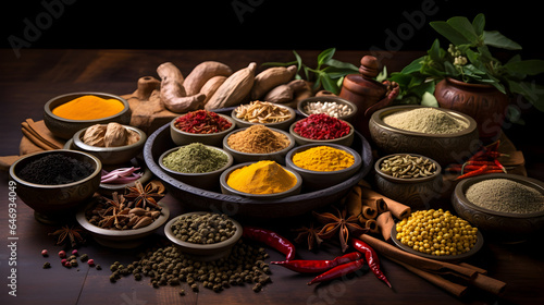 spices and herbs on wooden table