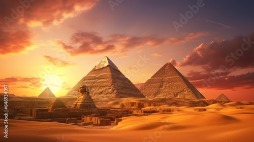 breathtaking image of the Great Sphinx of Giza bathed in the soft  golden light of the setting sun  with the majestic Great Pyramid of Giza as a backdrop.