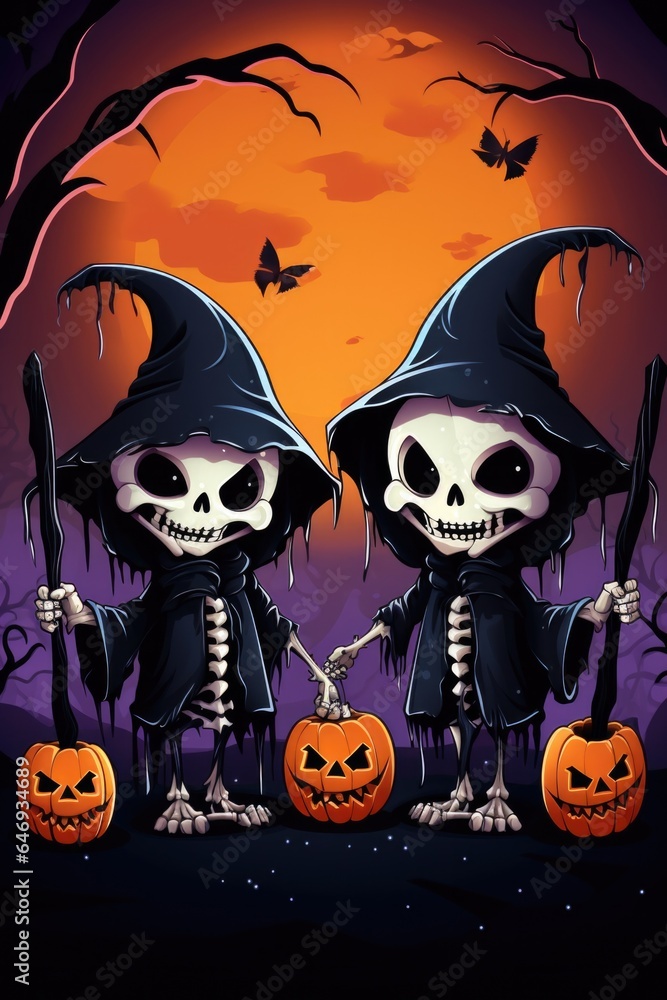 Two cute cartoon characters grim reapers at Happy Halloween background having fun celebrating Haloween scary spooky haunted night fantasy fall scene party. Helloween invitation backdrop. Two cute cartoon characters grim reapers at Happy Halloween background having fun celebrating Haloween scary spooky haunted night fantasy fall scene party. Helloween invitation backdrop.