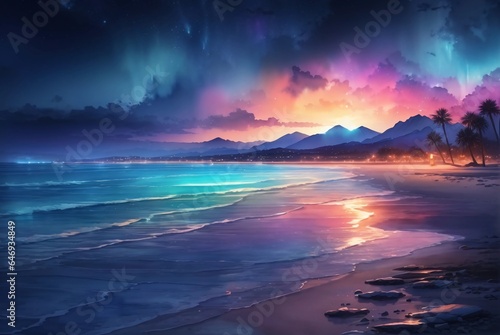Watercolor coastline landscape of beautiful beach at sunset with colorful lights and bioluminescent sparkles over the waves
