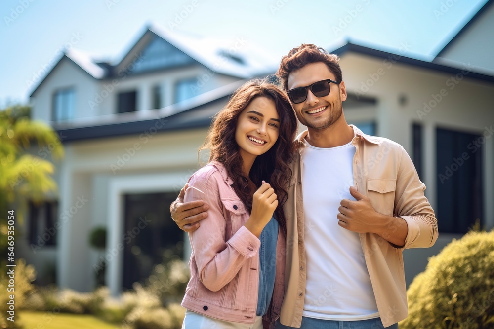 Naklejka premium A happy young couple with their dream home in the background, symbolizing homeownership and the real estate market.'generative AI'