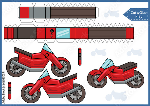 Craft game cut and glue paper 3d motorbike. Kids papercraft template. Education activity printable page. DIY model toys motorcycle.