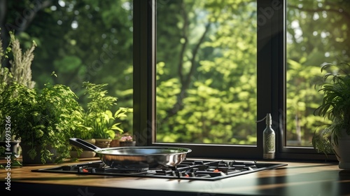 Steel frying pan on black gas stove with white interior, large window, sun and green tree outside.