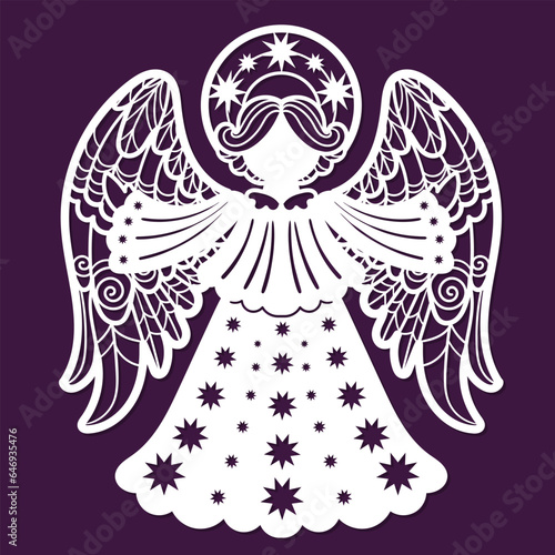Openwork angel. Template for laser cutting from paper, wood, metal. For the design of holiday decor elements for Christmas, Valentine's Day, Easter. Decorations for cards, Christmas tree pears, stenci