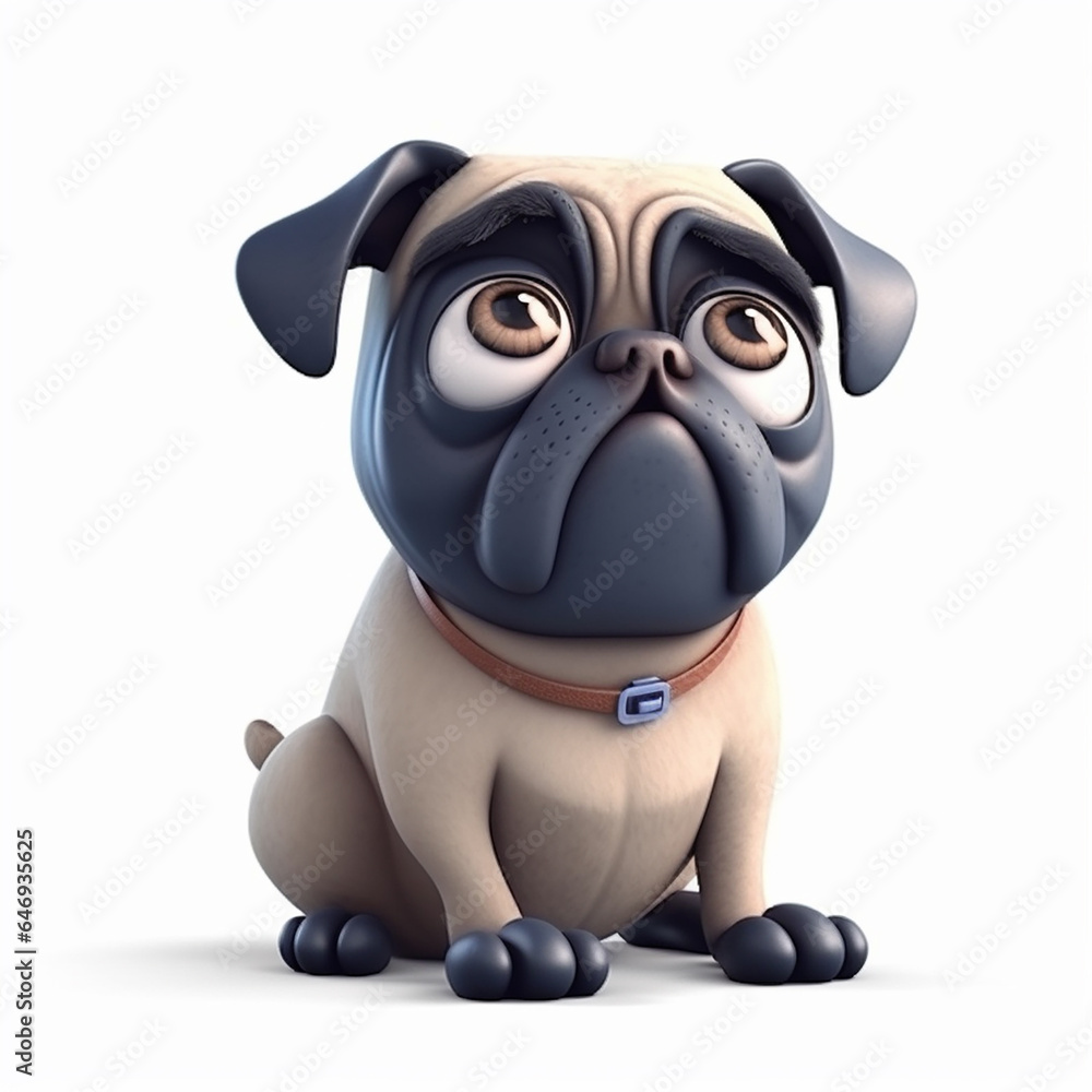 Pug funny cute dog 3d illustration on white, unusual avatar, cheerful pet Pug funny cute dog 3d illustration on white, unusual avatar, cheerful pet