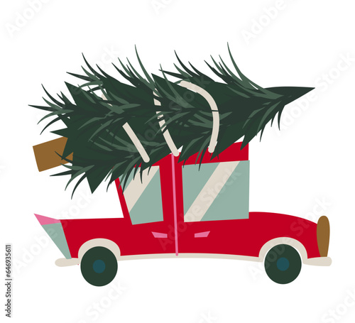 Christmas tree on a car. Vector illustration on a white background. Flat icon