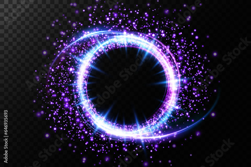 Magic fantasy portal. Round light frame, with small particles of dust, futuristic teleport. Blue, purple, neon lights illuminate the night scene with sparkles on a transparent background. Light effect
