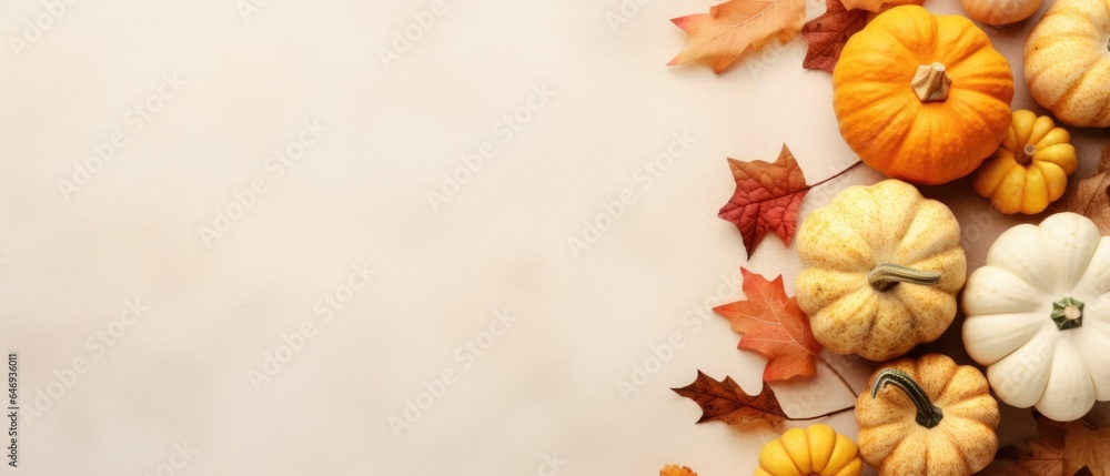 Happy Thanksgiving season celebration traditional pumpkins on decorated table fall autumn leaves background. Halloween decorations autumn cozy backdrop, mock up, copy space.