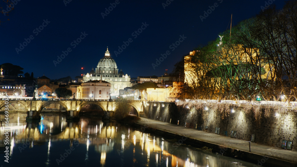 Vatican City, Rome, Italy, Beautiful Vibrant Night image Panorama of St. Peter's Basilica, Ponte Sant Angelo and Tiber River at Dusk in Summer. 