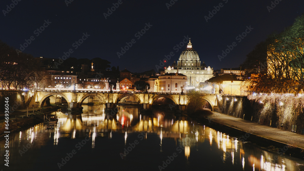 Vatican City, Rome, Italy, Beautiful Vibrant Night image Panorama of St. Peter's Basilica, Ponte Sant Angelo and Tiber River at Dusk in Summer. Reflection of The Papal Basilica of St. Peter
