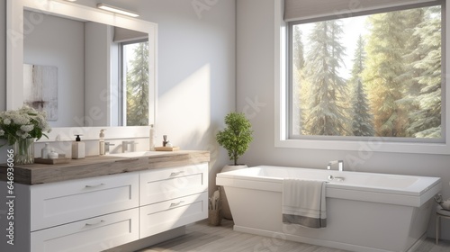 Luxurious new home boasts a stunning bathroom with a spacious soaker tub, double vanity, stylish cabinets, quartz counters, wall mounted faucets, and tree framed window.