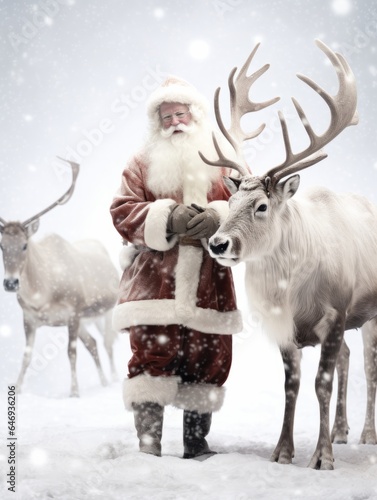 Photo of Santa Claus with reindeer in a festive setting created with Generative AI technology