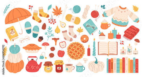 Autumn set of cute and cozy design elements. Fall mood. Autumn plants, food, harvest festival and thanksgiving day attributes. Vector illustration in flat style