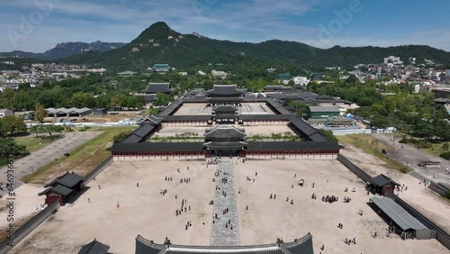 a drone-shot view of a downtown,Gwanghwamun Gate Seoul Korea