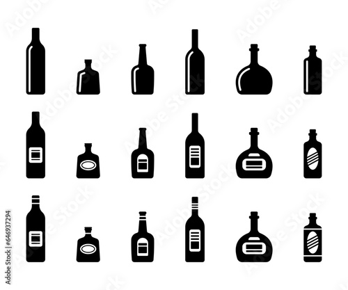 Set of bottles icon. Black silhouette. Front side view. Vector simple flat graphic illustration. Isolated object on a white background. Isolate.