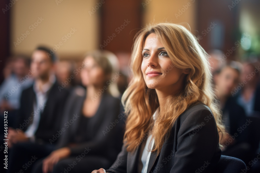 Close up Portrait of young Businesswoman attending a leadership business conference, listening to Motivational inspiring confident speakers and gaining insights into effective practices Event. Close up Portrait of young Businesswoman attending a leadership business conference, listening to Motivational inspiring confident speakers and gaining insights into effective practices Event.