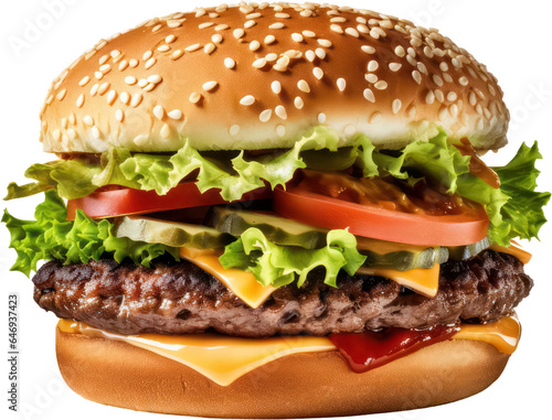 Hamburger, beef patty, cheese, lettuce, tomato, pickles, bun. PNG, Transparent, isolate.