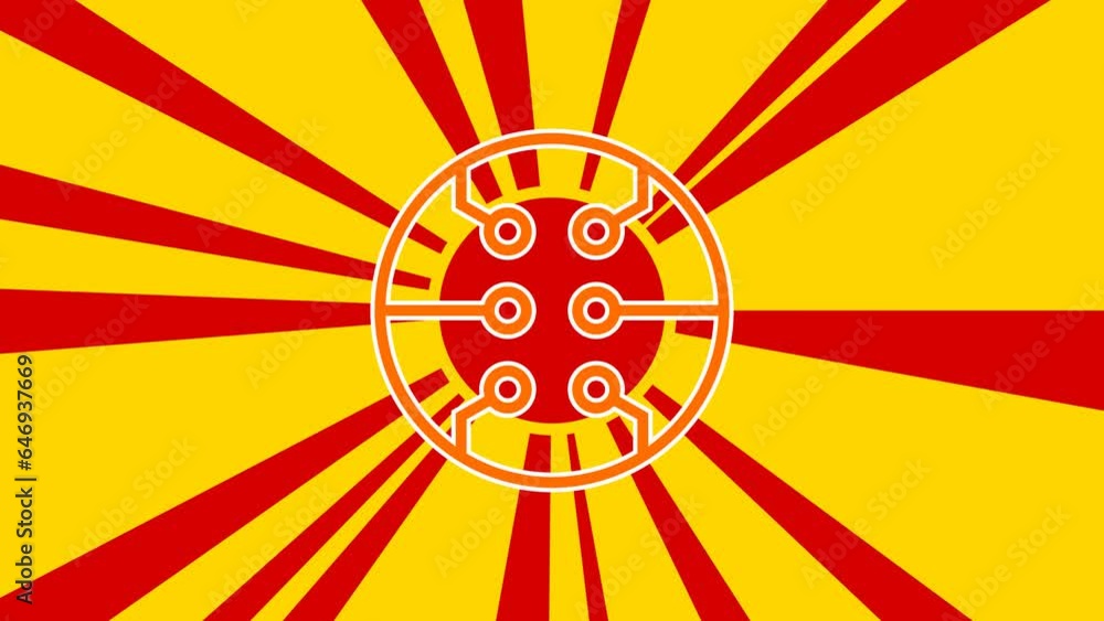 Microcircuit symbol on the background of animation from moving rays of the sun. Large orange symbol increases slightly. Seamless looped 4k animation on yellow background Microcircuit symbol on the background of animation from moving rays of the sun. Large orange symbol increases slightly. Seamless looped 4k animation on yellow background