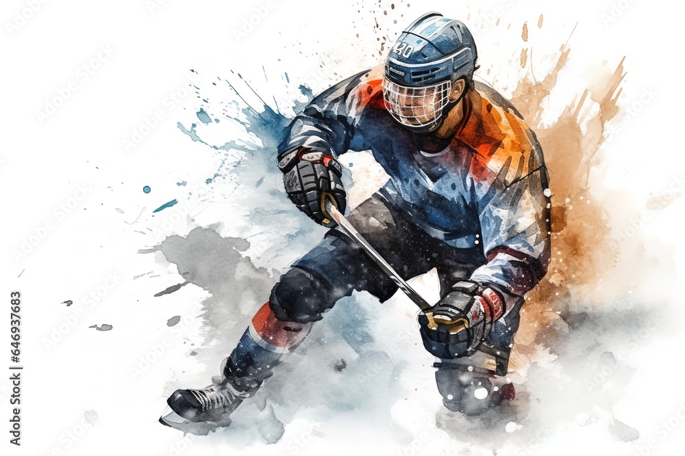 Man playing ice hockey, portrait of a professional hockey player in action. Watercolor painting. Generative AI. Man playing ice hockey, portrait of a professional hockey player in action. Watercolor painting. Generative AI.