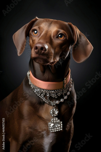 Portrait of a dog wearing beautiful accessories around its neck, dark studio background. © Валентина Хруслова