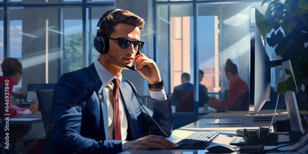 Salesman in a bright, shiny hyper-modern office answering a phone call using a headset with microphone on, sitting at a neat office desk - obrazy, fototapety, plakaty 