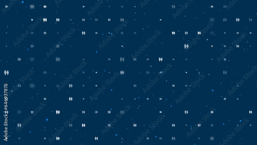 Template animation of evenly spaced man with woman symbols of different sizes and opacity. Animation of transparency and size. Seamless looped 4k animation on dark blue background with stars Template animation of evenly spaced man with woman symbols of different sizes and opacity. Animation of transparency and size. Seamless looped 4k animation on dark blue background with stars