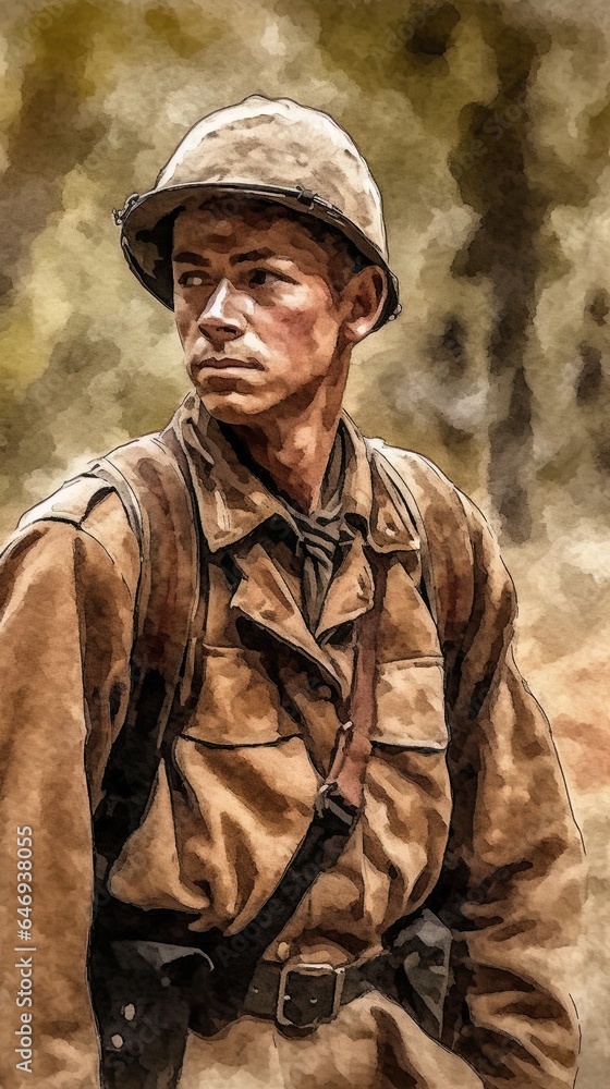 American infantry officer of the Second World War on background of field American infantry officer of the Second World War on background of field