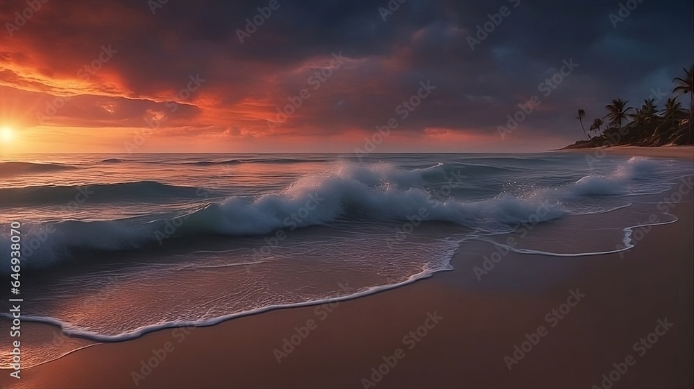 gentle waves crashing on the beach as the sun sets over the sea