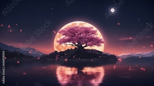 landscape with a moon rising over a blossoming cherry tree on an island and 2nd moon & stars in the sky #646938004