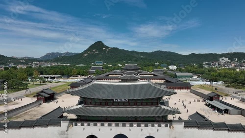 a drone-shot view of a downtown,Gwanghwamun Gate Seoul Korea