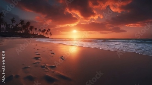 Sunset on the beach  with footprints in the sand and palm trees in the distance