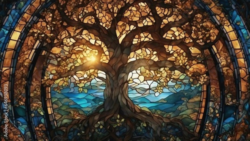 Tree of life stained glass window with sun shining through