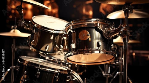 image showing the intricate details of a drum kit, with close-ups of the various drums, cymbals, and hardware, bathed in dramatic stage lighting. photo