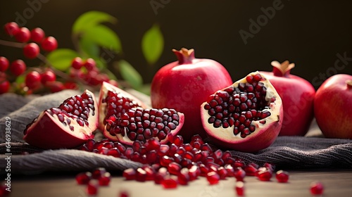 Close up organic pomegranates on a table. Summer bright rustic background.
