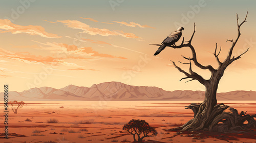 Vulture on branch desert landscape