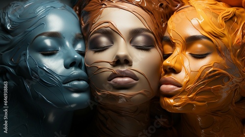 three woman cheek to cheek, painted faces