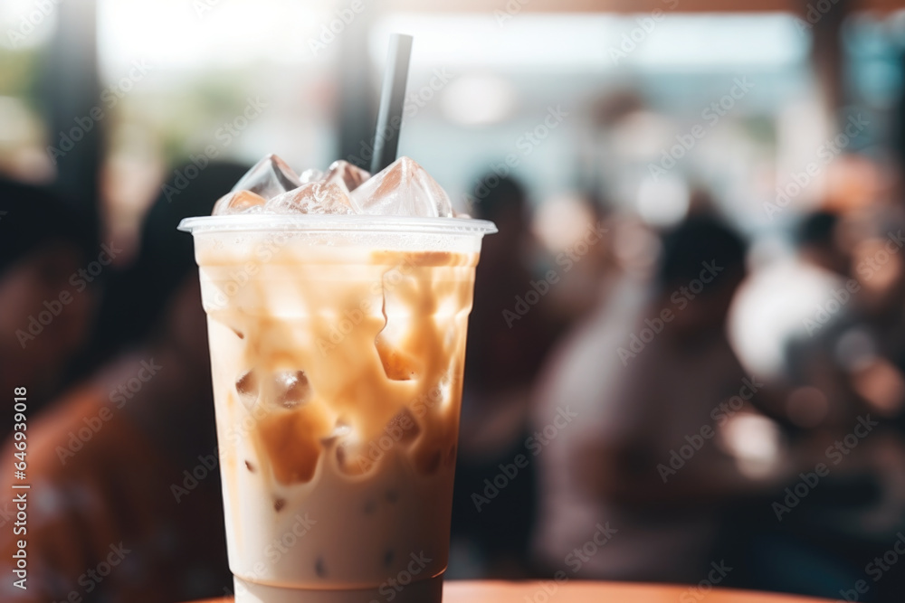 Iced coffee in the tall glass on the table in coffee shop. Iced coffee in the tall glass on the table in coffee shop.