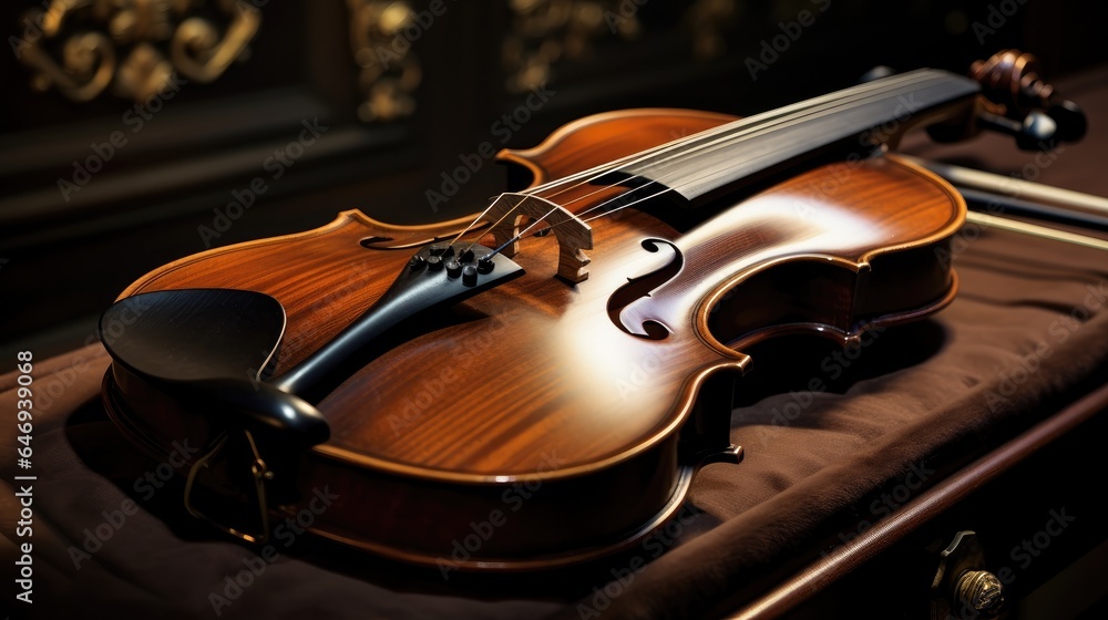 Fototapeta premium close-up image of a beautifully crafted viola resting in its case, highlighting the intricate details of the instrument's design and woodwork.