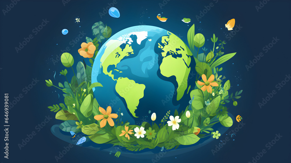 Naklejka premium earth with green plant and flowers around 