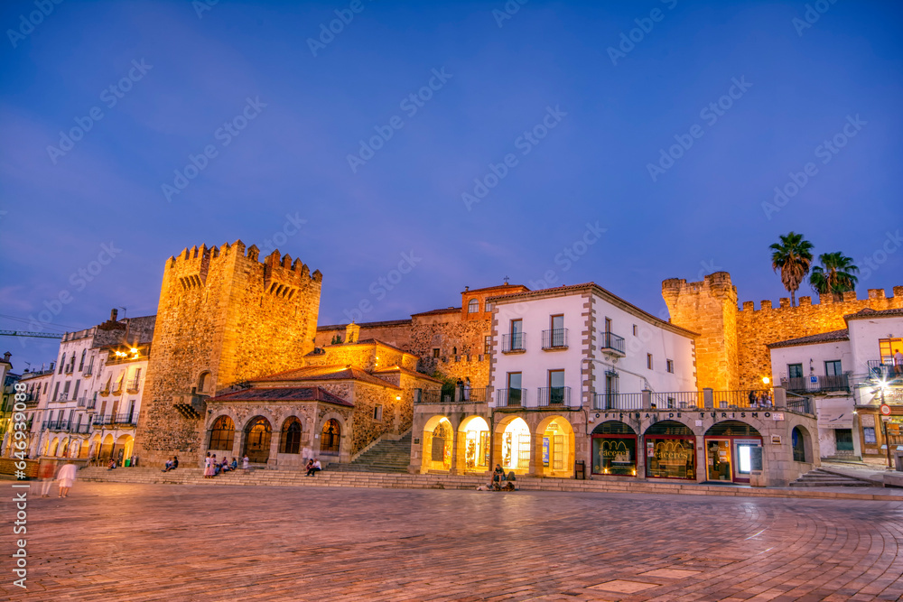 Plaza Mayor of Caceres at night, Spain.