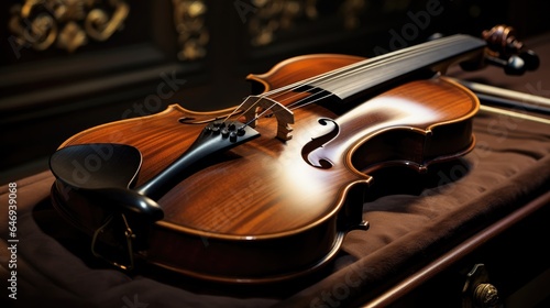 close-up image of a beautifully crafted viola resting in its case, highlighting the intricate details of the instrument's design and woodwork.