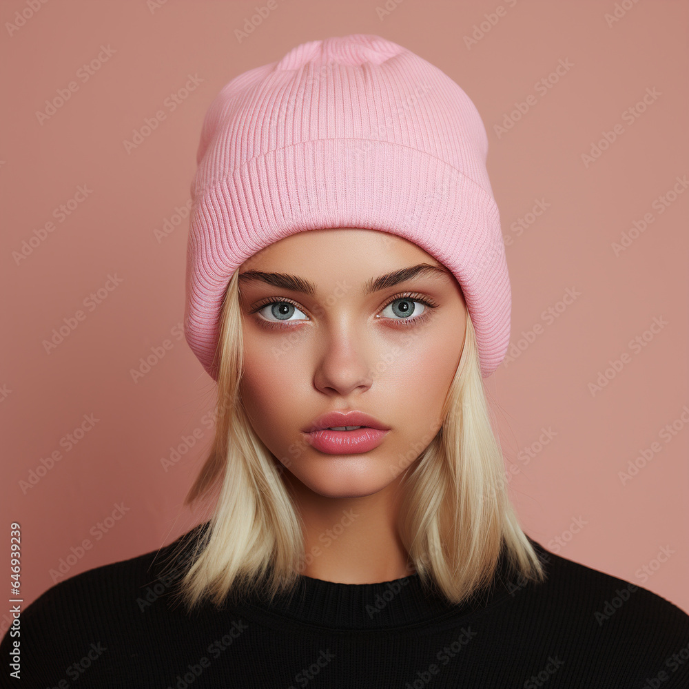 Beautiful stylish young pretty blond woman wearing a pink knitted hat. Fashion cold season fashion accessories concept. Beautiful stylish young pretty blond woman wearing a pink knitted hat. Fashion cold season fashion accessories concept.