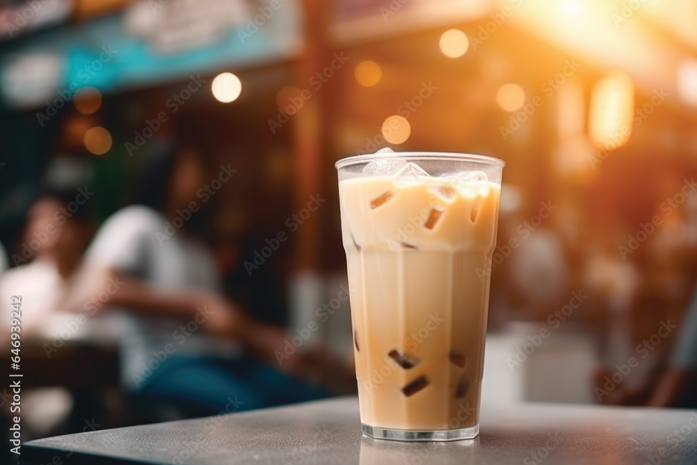 Iced coffee in the tall glass on the table in coffee shop. Iced coffee in the tall glass on the table in coffee shop.